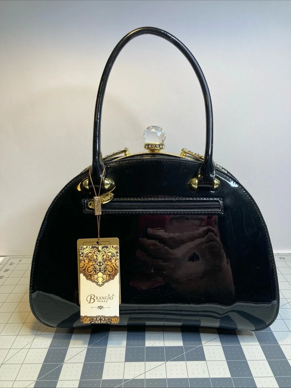 Brangio Black Glossy Patent Top Handle Kiss Lock Handbag Purse Italy Bling Bratz